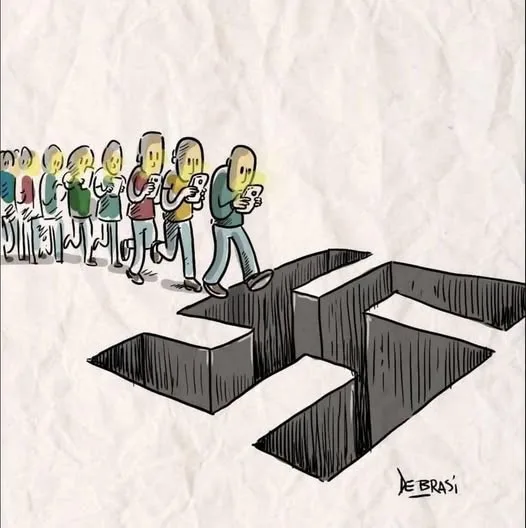 A cartoon drawing shows a line of people walking forward, each engrossed in their smartphone, unaware they are stepping into…