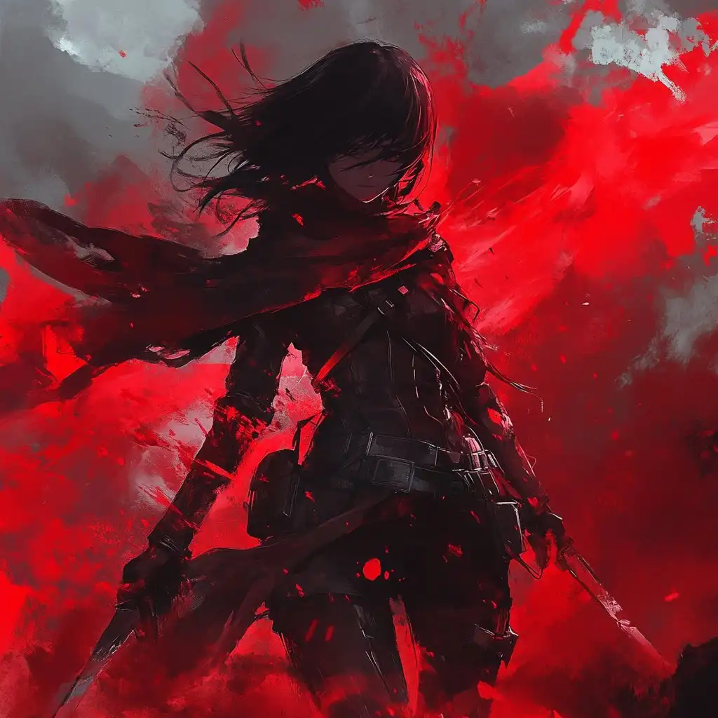 An anime-style illustration of a dark-haired warrior in black tactical gear, holding two blades, set against a dramatic red…