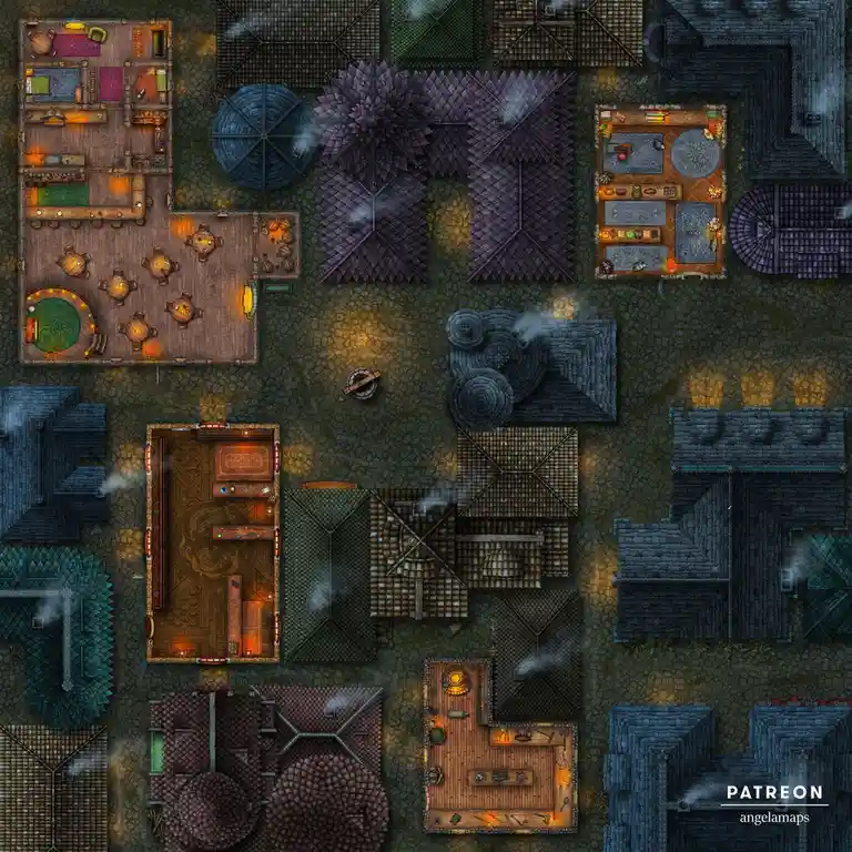 An overhead view of a fantasy village map with various buildings, including a tavern, a shop, a forge, and a castle, all…