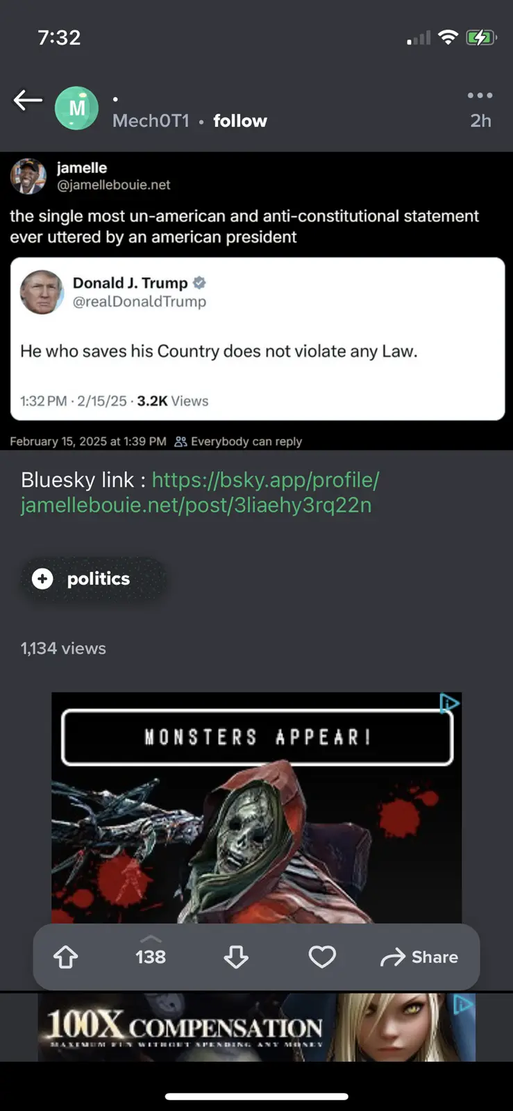 A screenshot of a Bluesky post by user jamelle showing a tweet from Donald J. Trump that reads 'He who saves his Country…