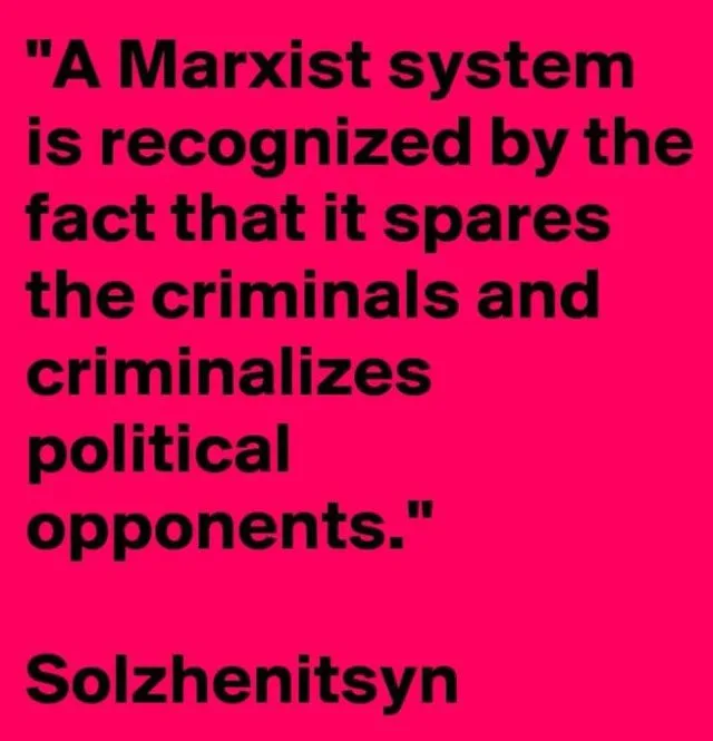 A solid pink background with bold black text displaying a quote attributed to Solzhenitsyn: 'A Marxist system is recognized…