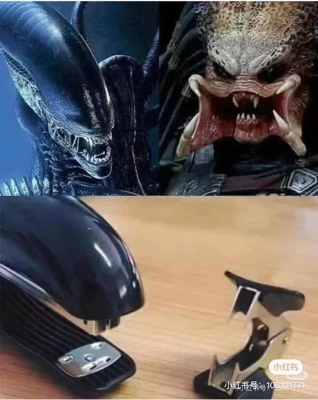 The image is split: top half shows the alien and predator from their respective movies facing each other with menacing…