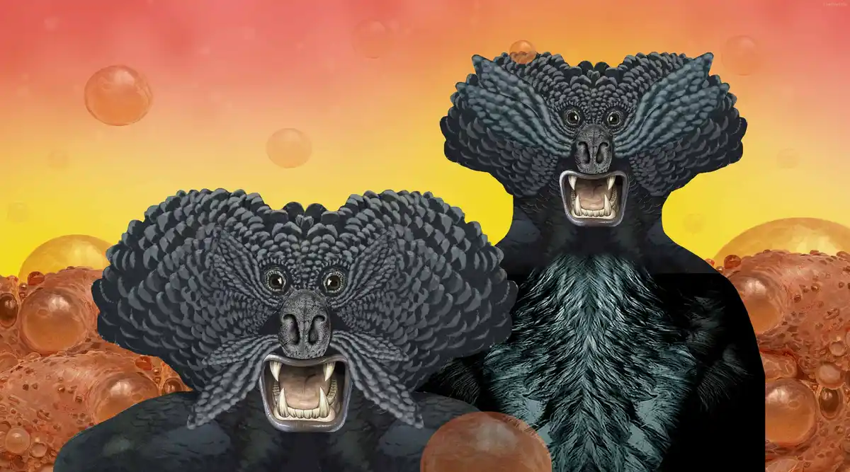 Two digitally rendered, dark-furred, bear-like creatures with exaggerated, spiky, hair-like head structures roar…