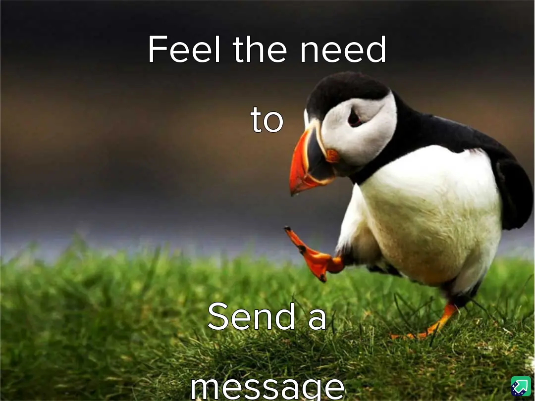 A close-up photo of a puffin standing on green grass, looking down with one foot lifted as if about to step. White text…