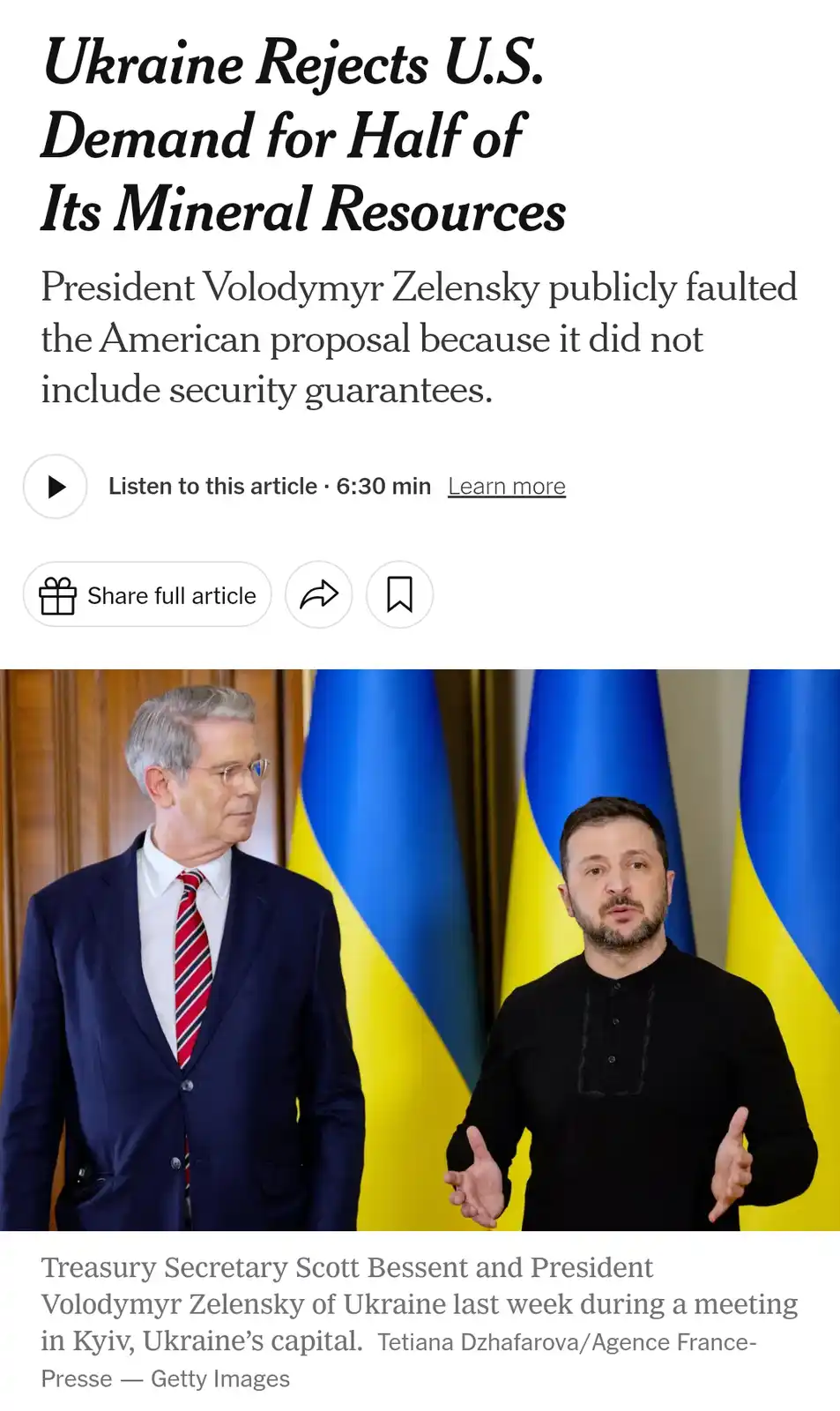 A screenshot of a news article shows Treasury Secretary Scott Bessent and Ukrainian President Volodymyr Zelensky standing in…