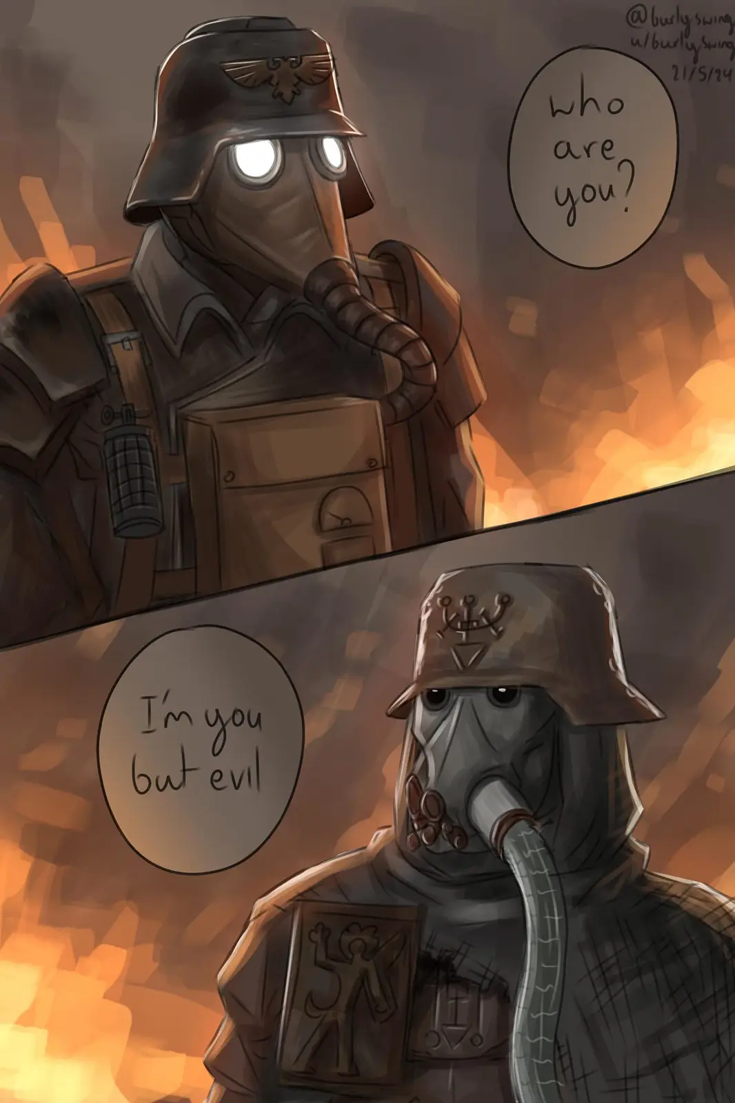 A two-panel comic depicts a robot soldier in a German-style helmet and gas mask asking 'who are you?' in the top panel…