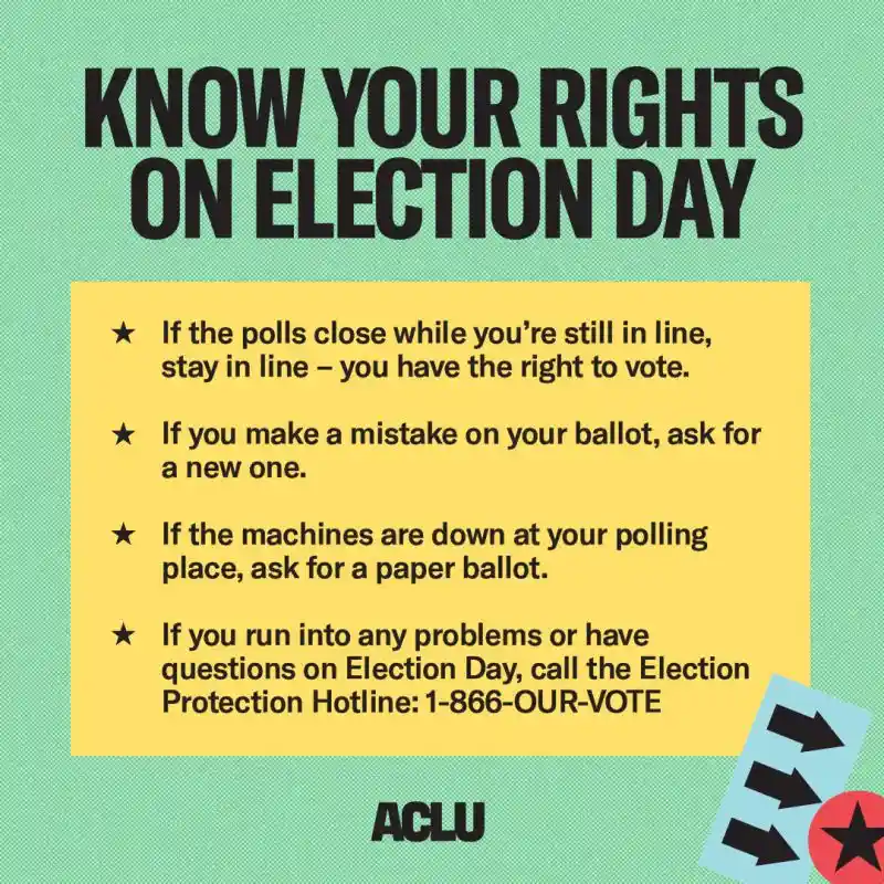A teal background infographic from the ACLU titled 'KNOW YOUR RIGHTS ON ELECTION DAY' lists four bullet-pointed voter…