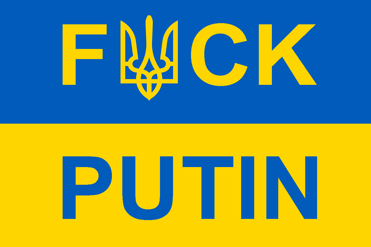 The image displays the Ukrainian flag, with the top blue stripe featuring the word 'FUCK' in yellow letters, where the 'U'…