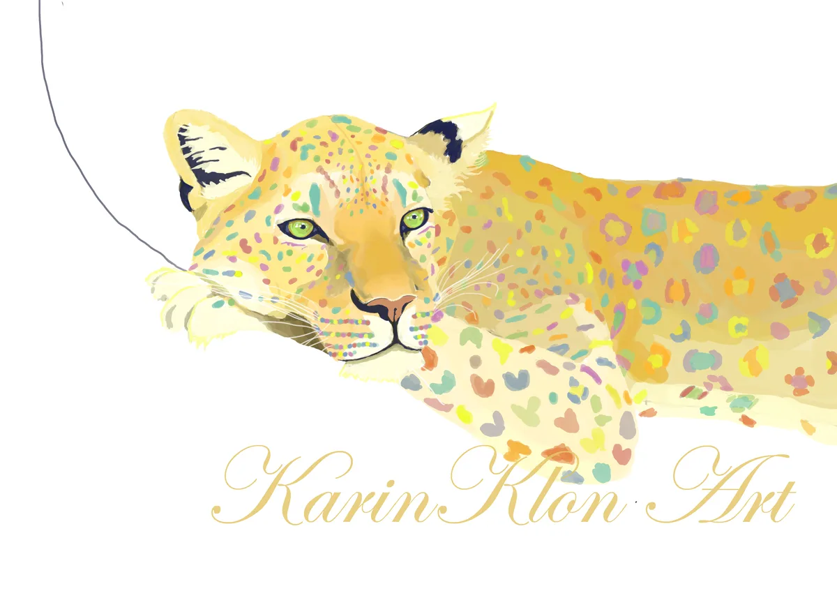 A stylized illustration of a leopard lying down, its fur covered in colorful, abstract spots instead of traditional…