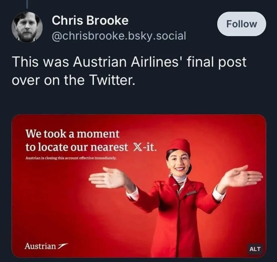 A screenshot of a tweet from Chris Brooke showing Austrian Airlines' final Twitter post, which features a smiling flight…
