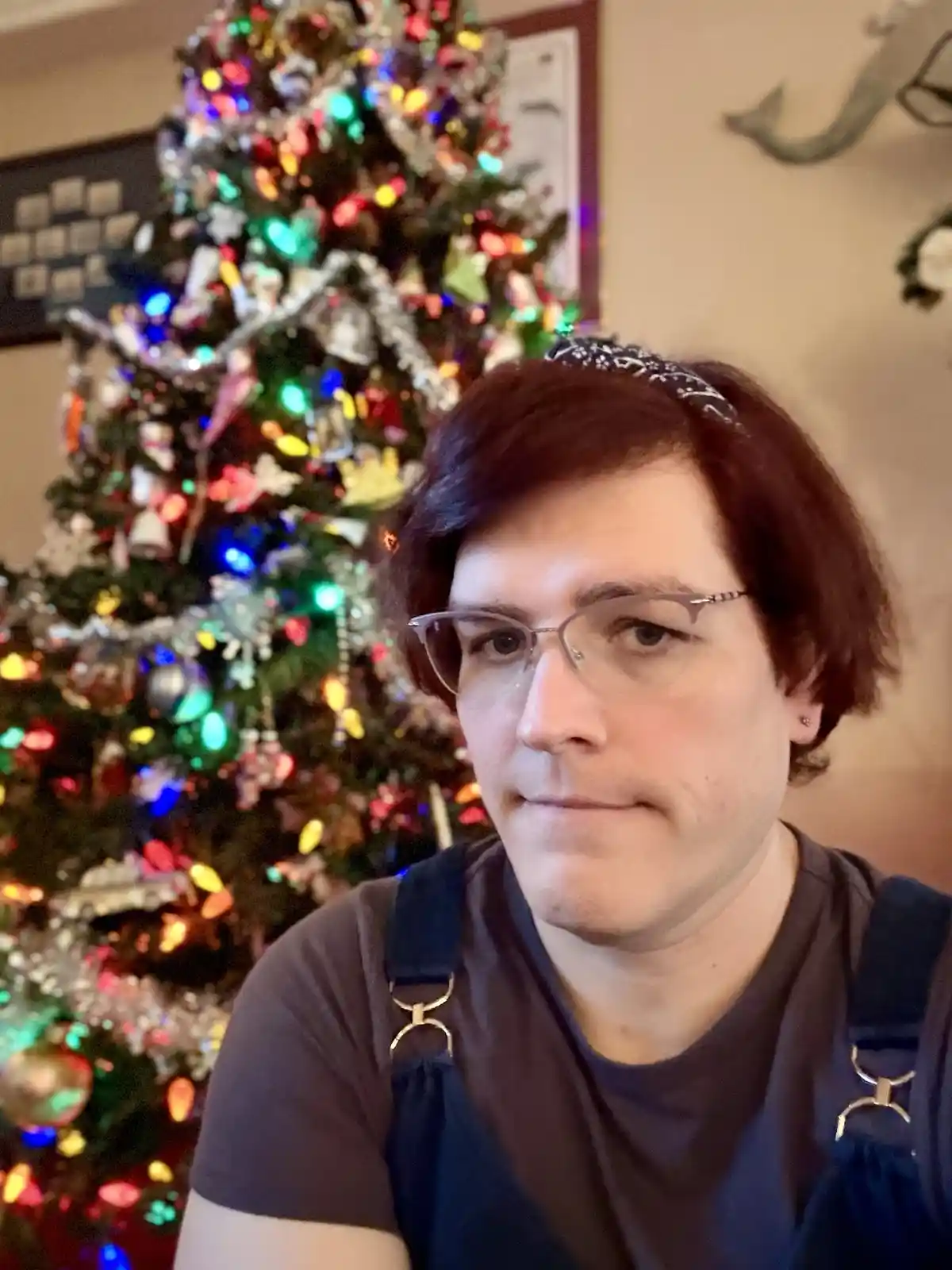 A person with short dark hair, glasses, and a headband looks at the camera with a deadpan expression while wearing overalls…