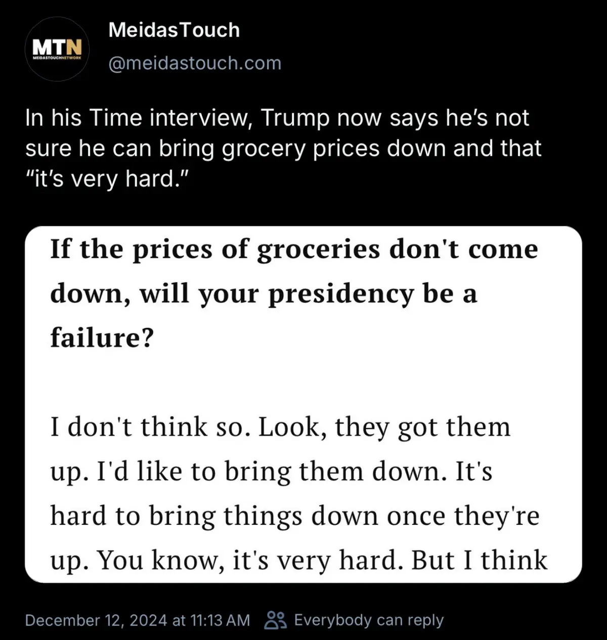 A screenshot of a social media post from 'MeidasTouch' showing a quote attributed to Trump from a Time interview. The quote…