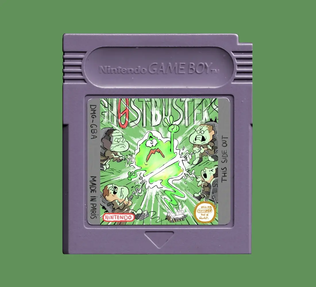 A purple Nintendo Game Boy cartridge with a custom label showing cartoonish Ghostbusters characters in action, with a large…
