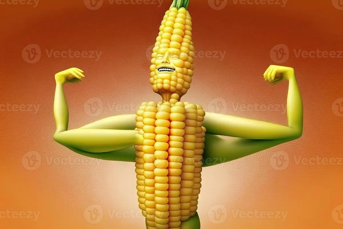A 3d-rendered anthropomorphic corn cob stands against an orange gradient background, flexing both arms to show off its…