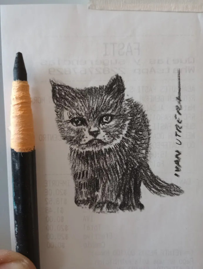 A hand-drawn sketch of a grumpy-looking black kitten is overlaid on a receipt, with a pencil placed beside it for scale. The…
