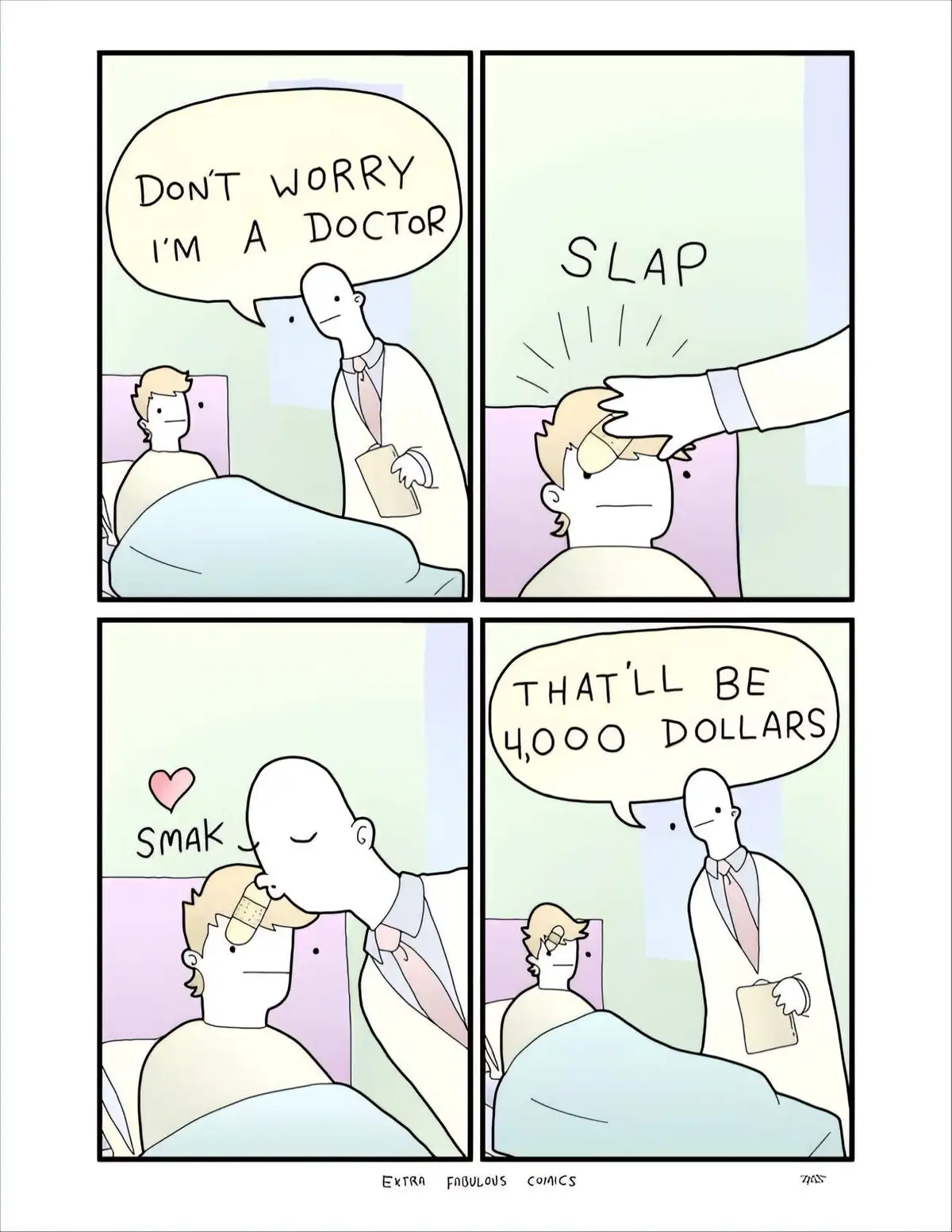 A four-panel comic shows a doctor reassuring a patient in bed, then slapping them, kissing them on the forehead, and finally…