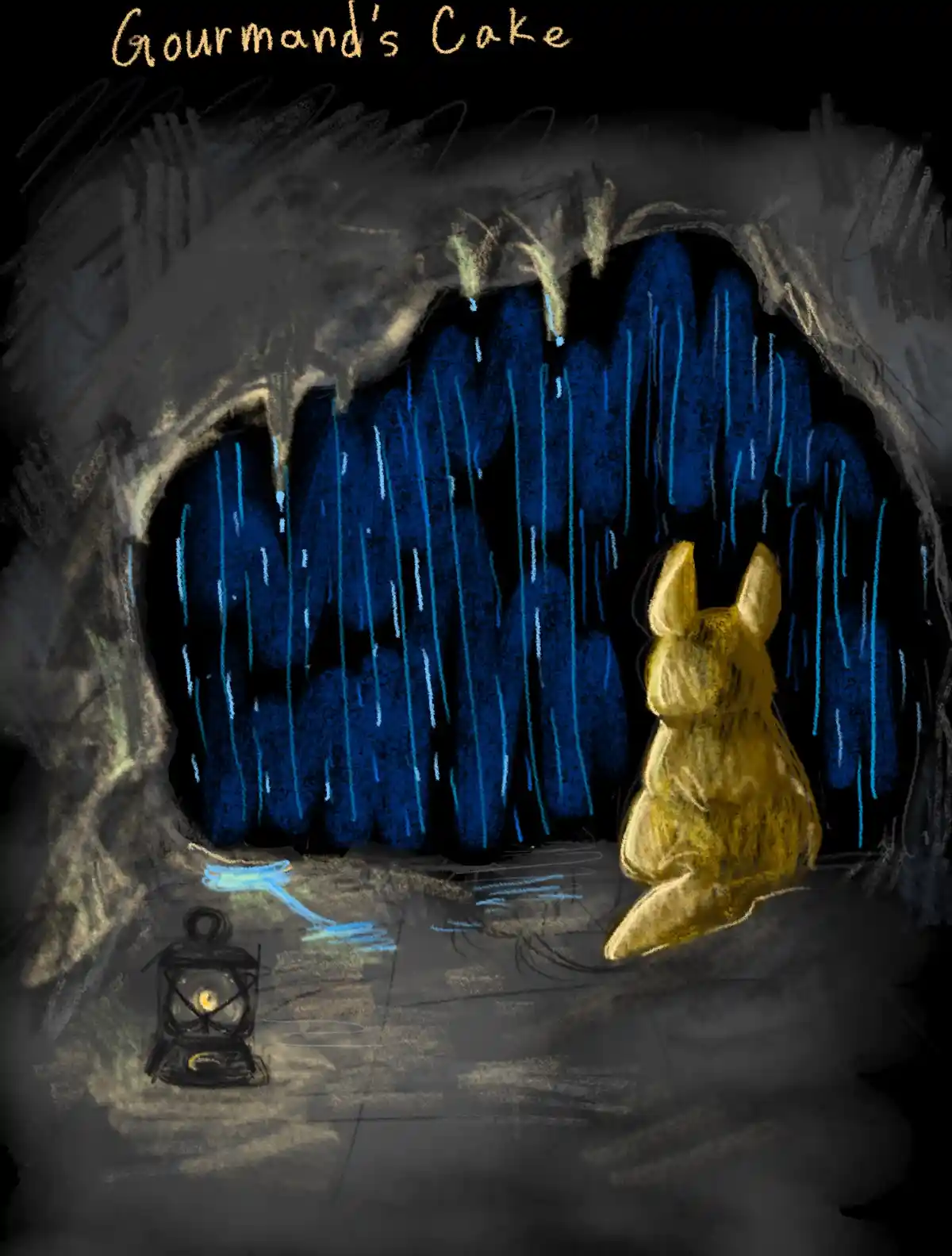 A golden rabbit sits in a dark cave, facing a massive, glowing blue cake that resembles a cavern wall. A small lantern with…