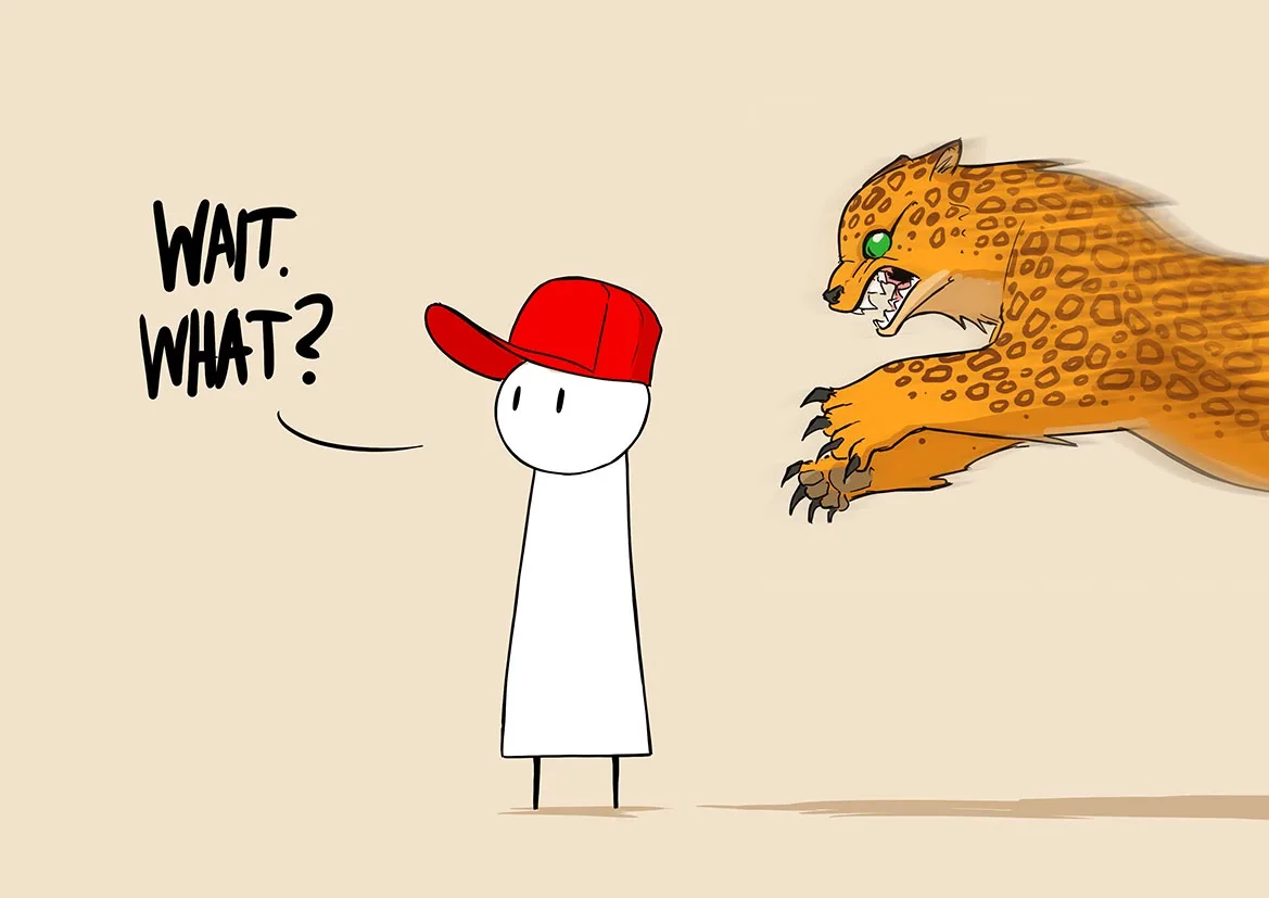 A minimalist white stick figure wearing a red baseball cap stands facing a leaping, snarling leopard with green eyes and…