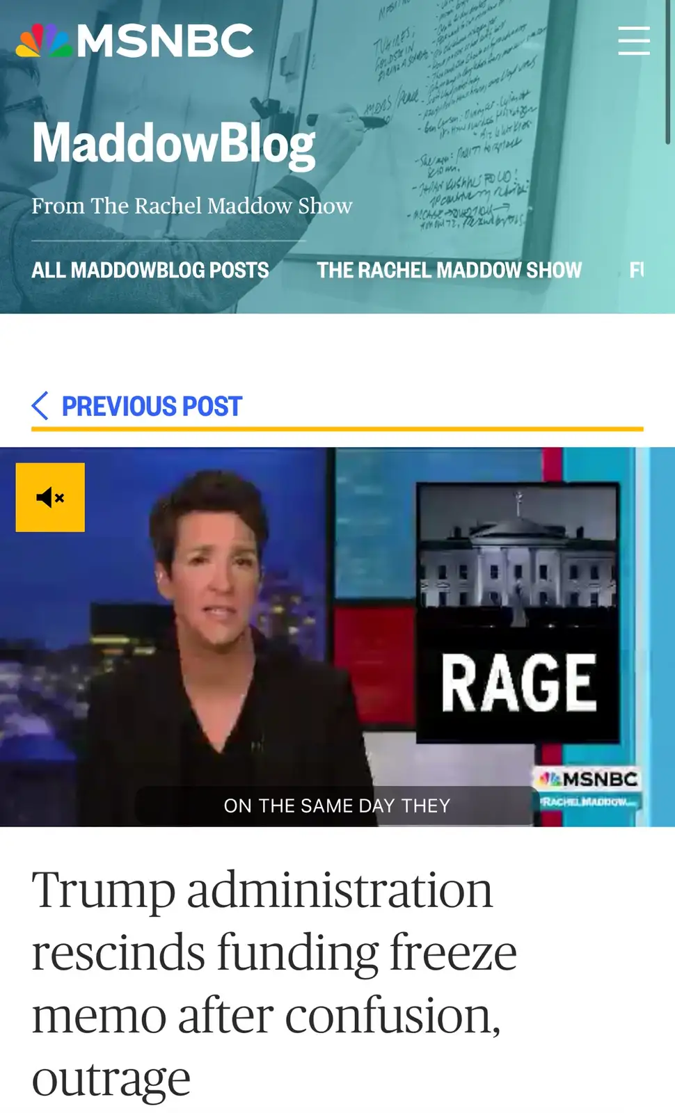 A screenshot of an MSNBC MaddowBlog article shows Rachel Maddow on camera with a graphic of the White House and the word…