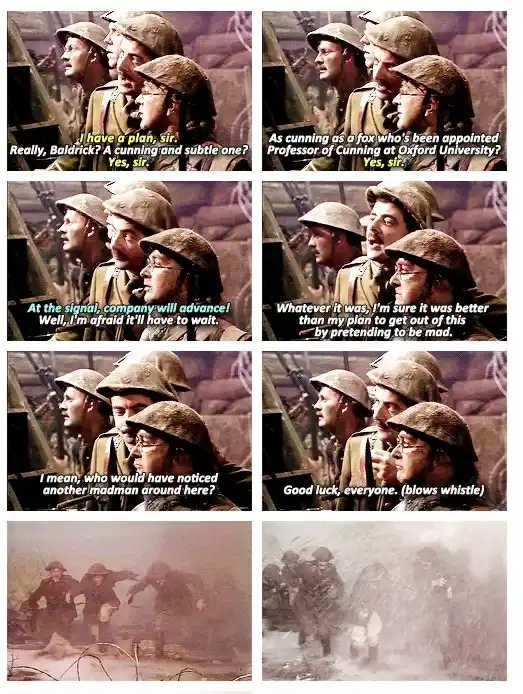 A nine-panel meme grid from the British TV show 'Blackadder II' featuring characters Captain Blackadder and his dim-witted…