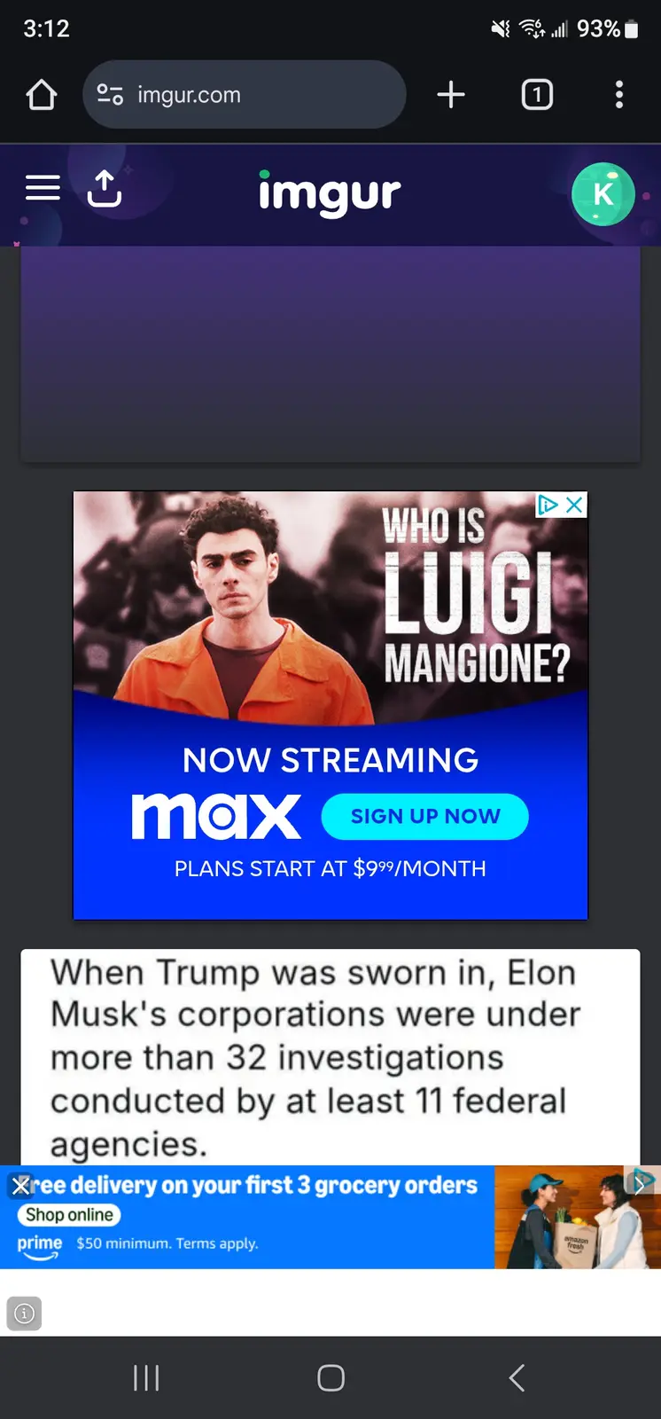 An Imgur mobile screenshot shows a Max streaming ad featuring a man in an orange jumpsuit with the text 'WHO IS LUIGI…