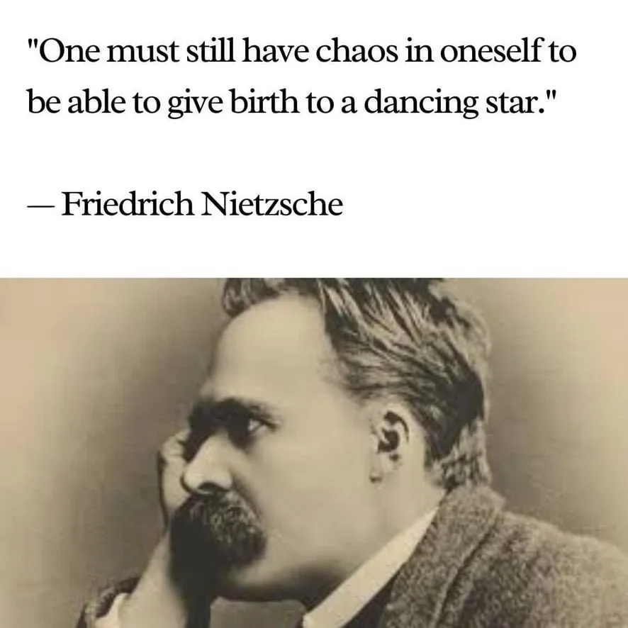 A sepia-toned photograph of philosopher Friedrich Nietzsche in profile, looking thoughtfully to the side with his hand near…