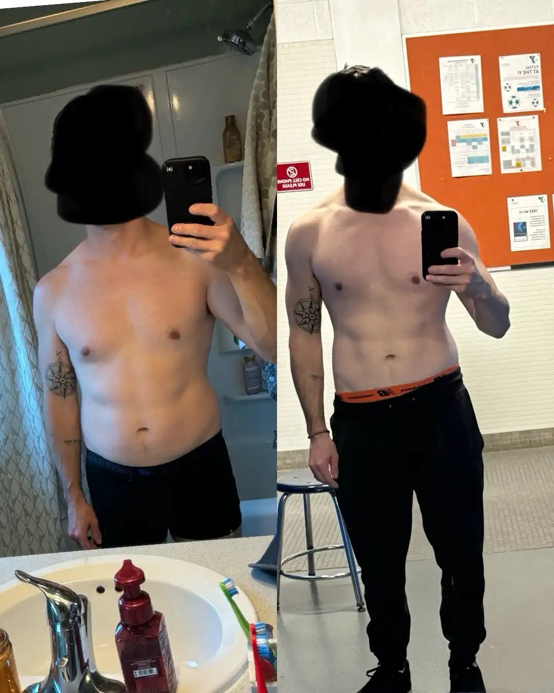 A side-by-side comparison of a shirtless man taking mirror selfies in two different settings. The left image shows him in a…