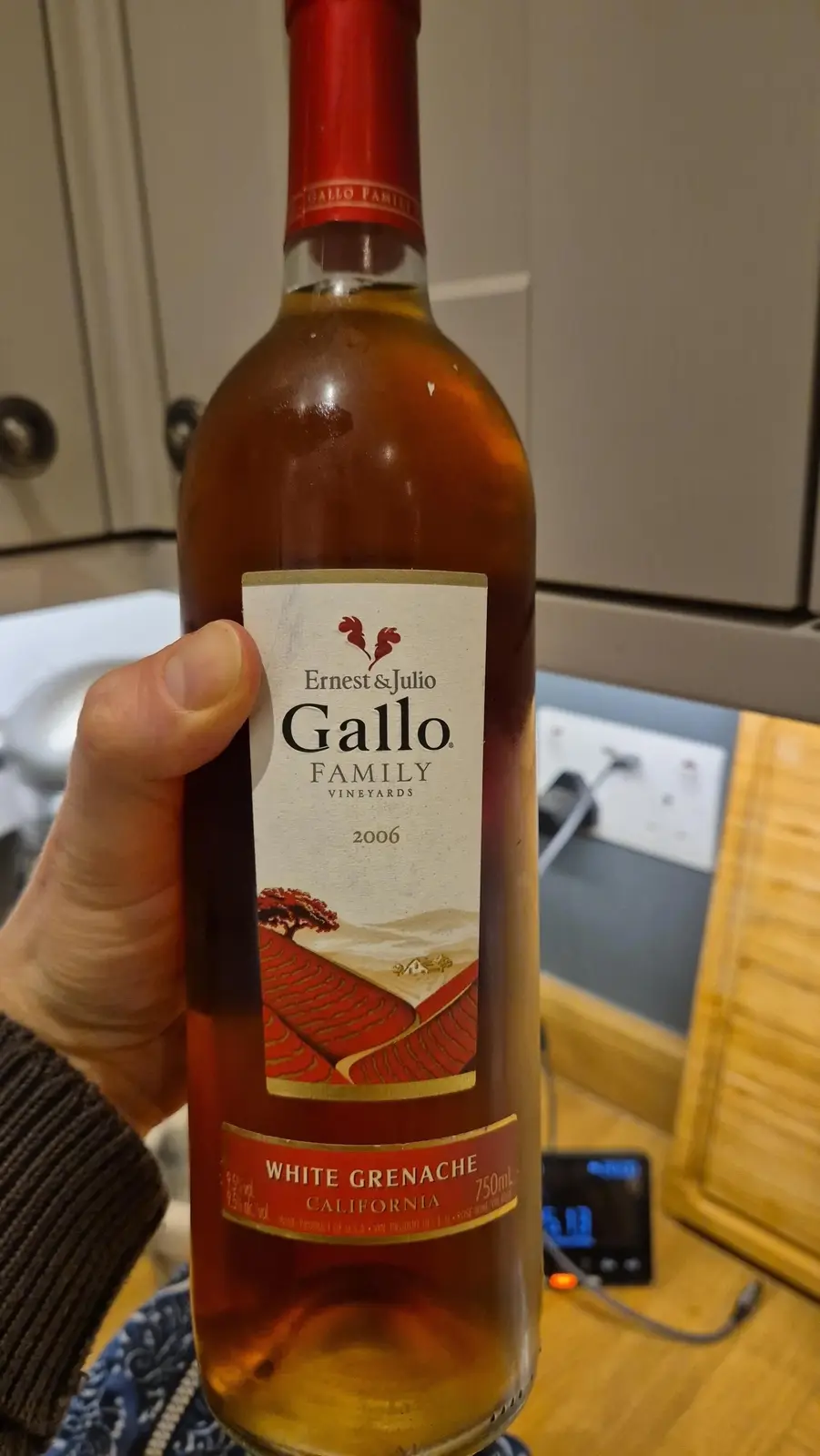A hand holds a bottle of Ernest & Julio Gallo Family Vineyards 2006 White Grenache wine, which has a red foil cap and a…