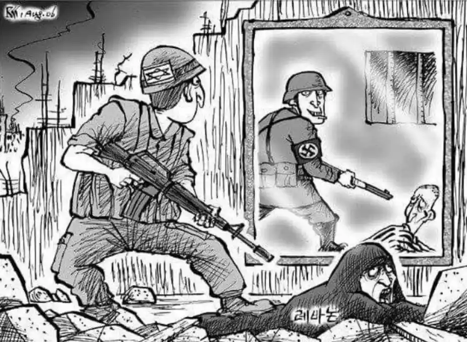 A black-and-white cartoon depicts a soldier in an Israeli helmet and uniform holding a rifle, looking at a framed picture…