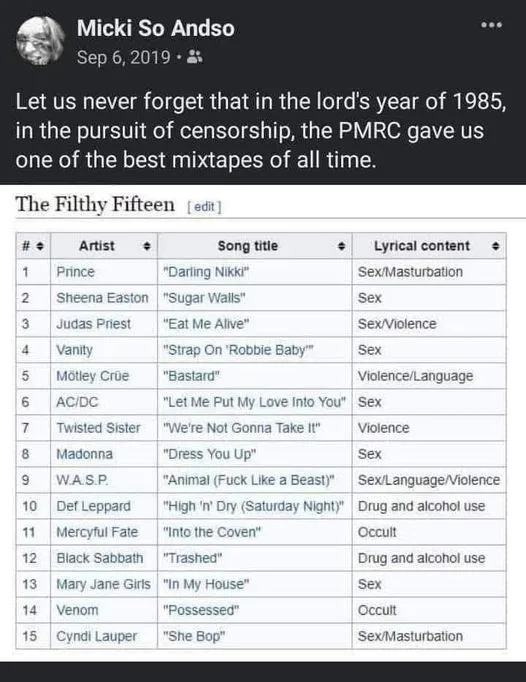 A screenshot of a Facebook post from Micki So Andso dated Sep 6, 2019, featuring a table titled 'The Filthy Fifteen' listing…