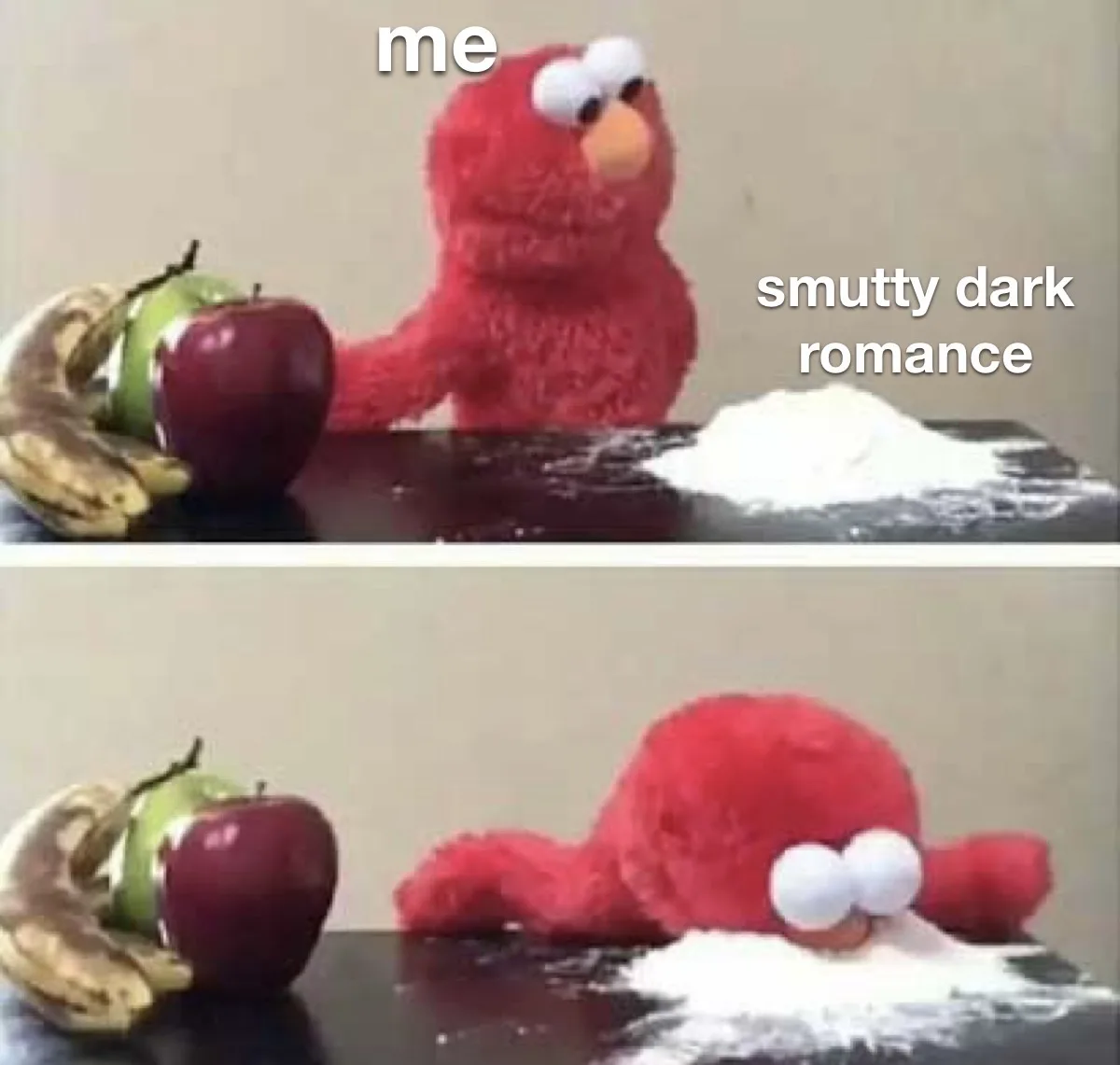 The image shows two panels featuring a red Elmo plush toy. In the top panel, Elmo sits upright at a table with a pile of…