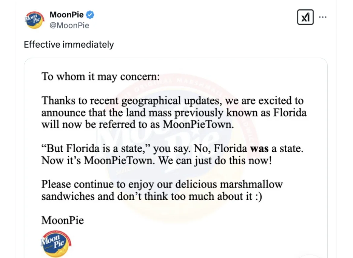 A screenshot of a fictional MoonPie tweet announcing that Florida is now officially 'MoonPieTown' due to 'geographical…
