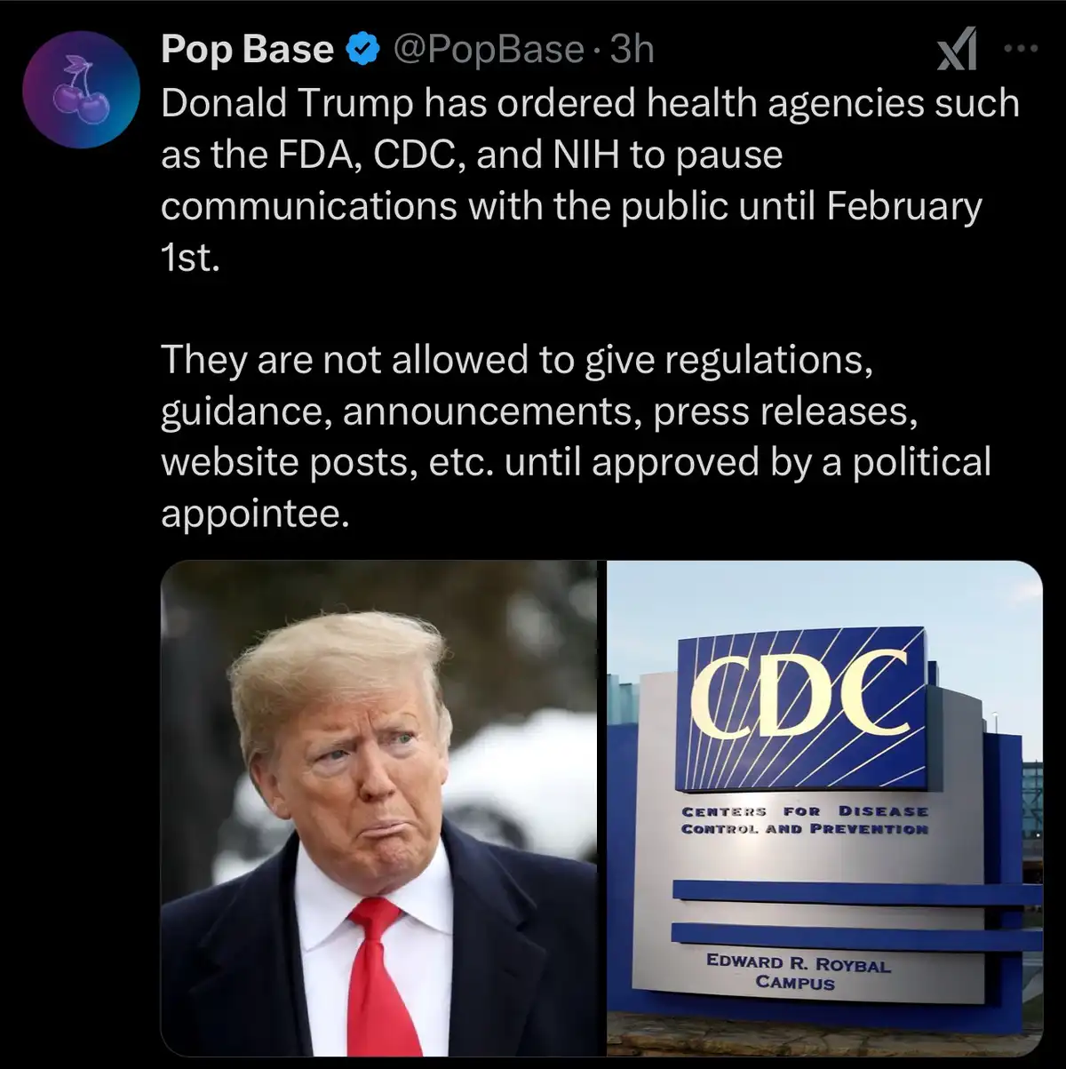 The image displays a split-screen: on the left, a photo of Donald Trump with a skeptical expression, and on the right, the…