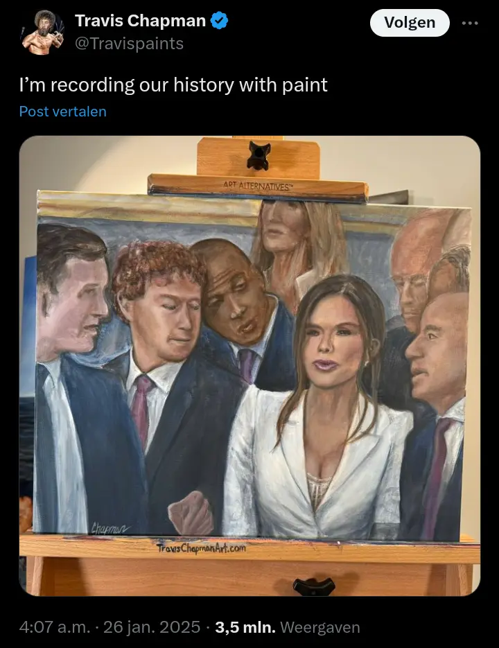 A painting on an easel depicts a group of recognizable public figures, including a central woman in a white blazer and…