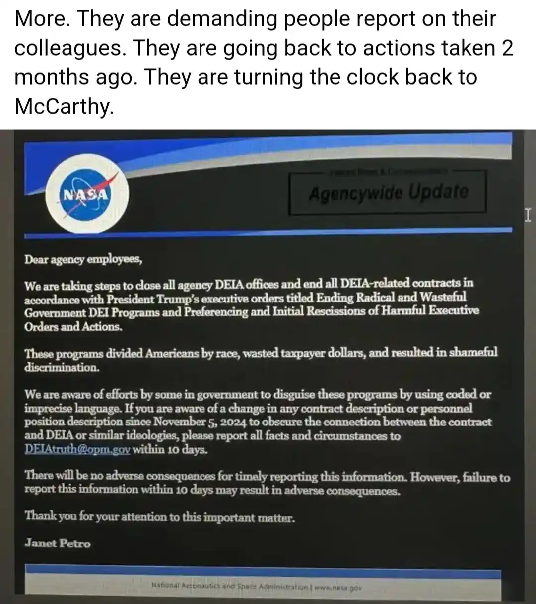 A screenshot of a NASA internal email titled 'Agencywide Update' from Janet Petro, announcing the closure of DEIA offices…