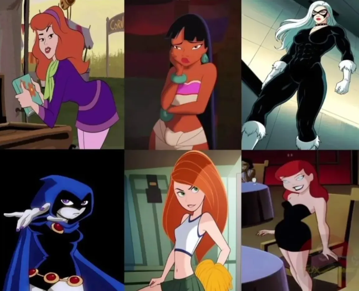 A six-panel grid of animated female characters: Daphne Blake holding a book, Merida looking annoyed, Black Cat in her…