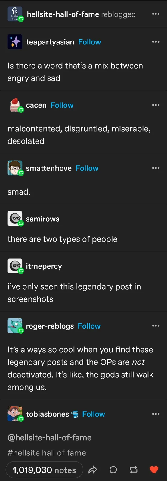 A screenshot of a Tumblr thread where a user asks if there's a word that's a mix between angry and sad. Several users reply…