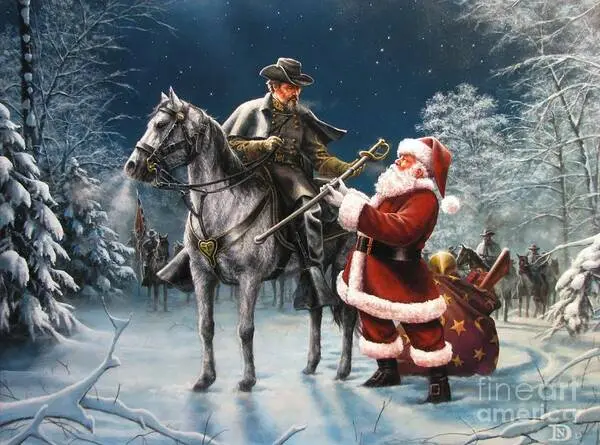 A snowy winter forest at night with a Union general on a grey horse confronting Santa Claus, who is holding a saber and…