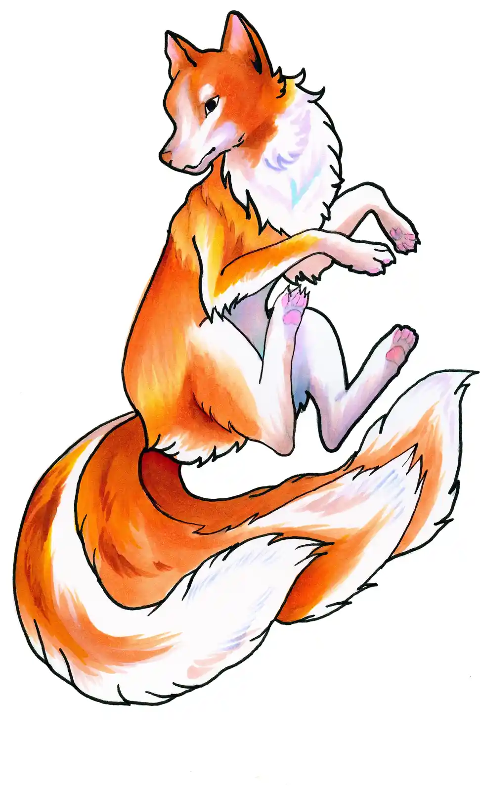 A watercolor-style illustration of an orange and white fox sitting upright with its legs crossed, looking away with a calm…