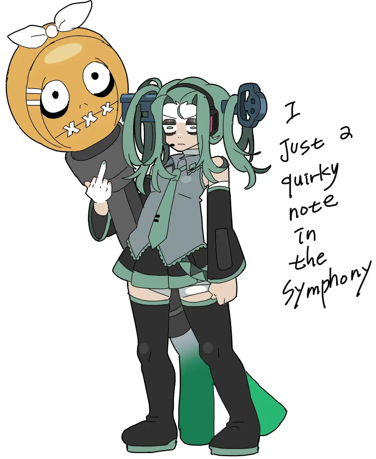 An anime-style illustration shows a green-haired girl with headphones and a stern expression, standing next to a round…