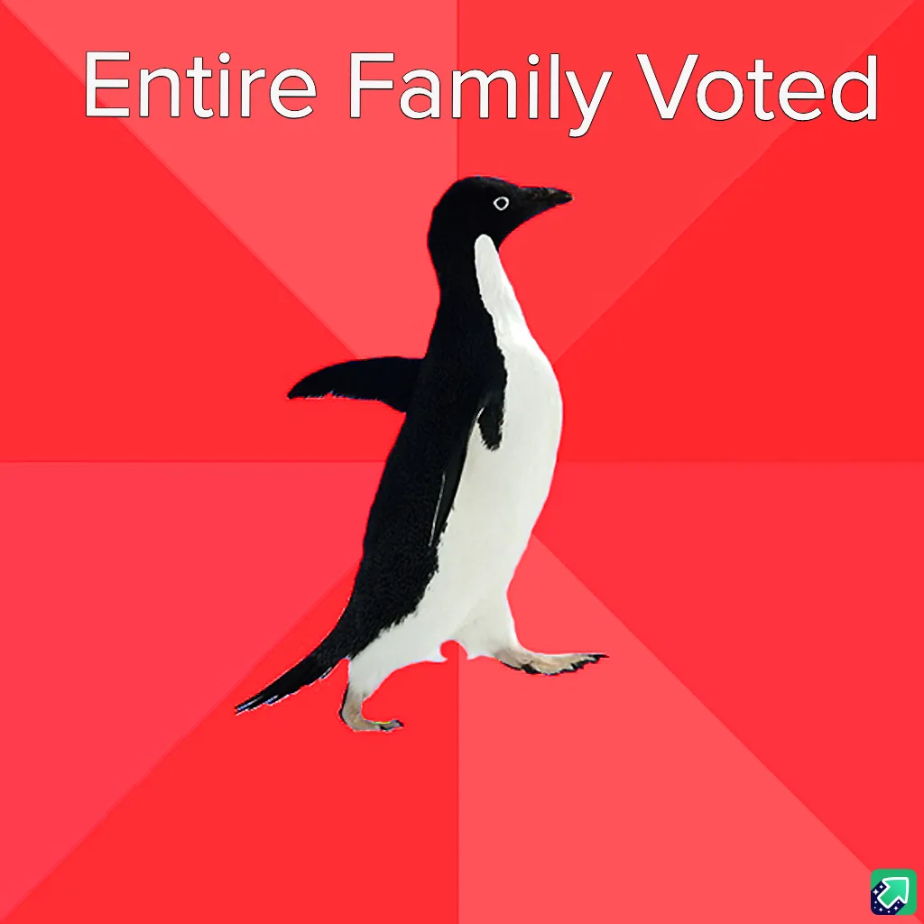 A black-and-white penguin stands against a red background with diagonal stripes. The text 'Entire Family Voted' is overlaid…