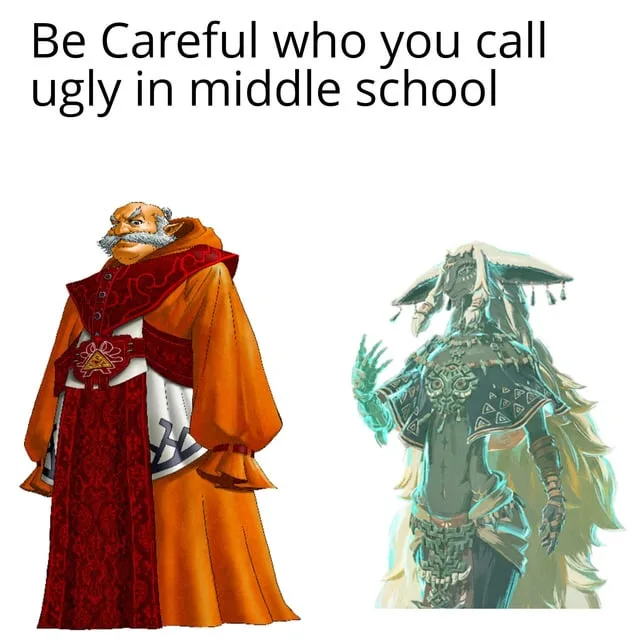 The image shows two characters side by side: on the left, a man in an orange and red robe with a white beard and mustache…