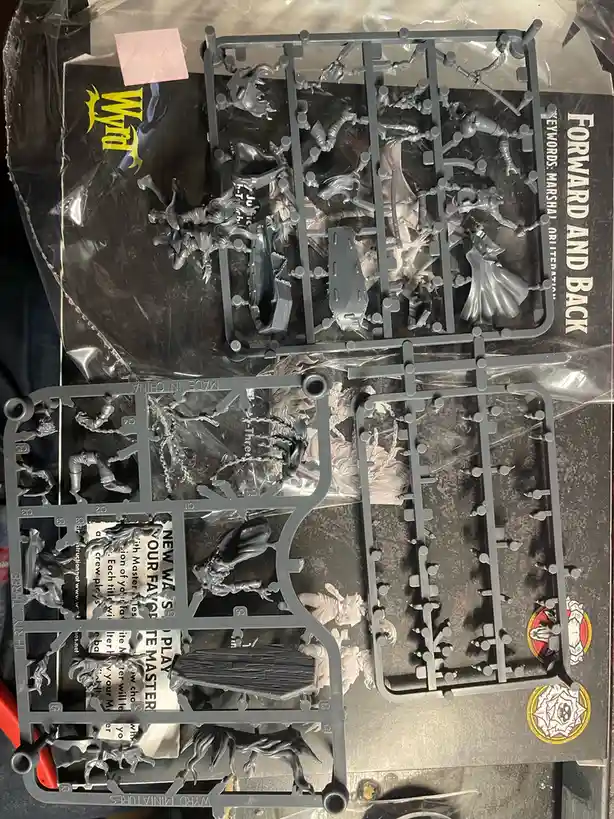 Two gray plastic sprues from a Warhammer 40k miniatures kit are laid out, showing unpainted fantasy figures like warriors…