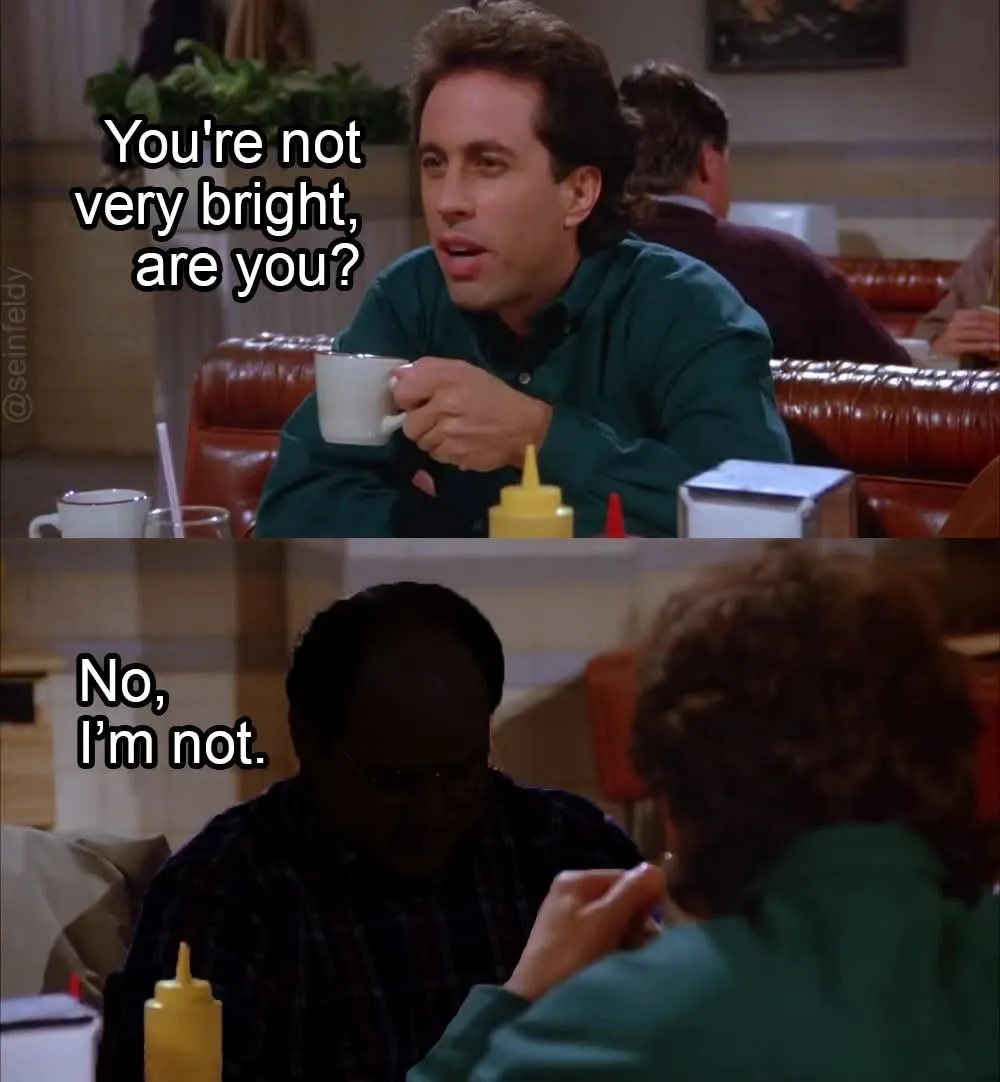 The top panel shows a man in a green shirt holding a coffee mug, looking at another person and saying 'You're not very…