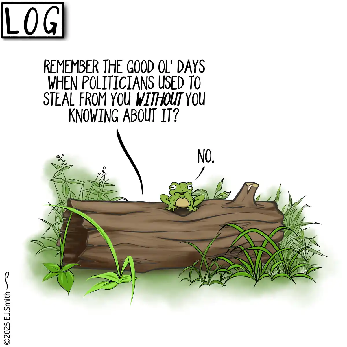 A cartoon frog sits on a log surrounded by green grass and plants. Above the frog, text asks, 'REMEMBER THE GOOD OL' DAYS…