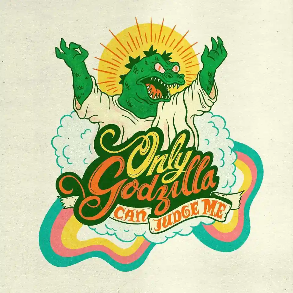 A stylized illustration shows a green Godzilla with a halo and raised arms, wearing a white robe and standing on clouds with…