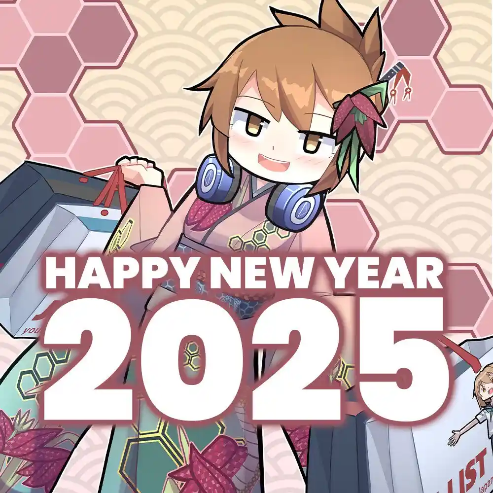 An anime-style girl in a pink kimono with blue headphones and a flower hair accessory holds shopping bags against a pink…