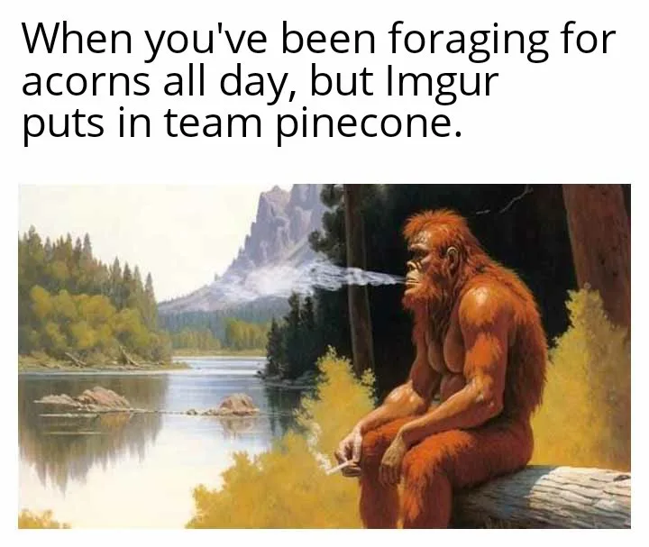 A painting depicts a reddish-brown, hairy, ape-like creature sitting on a log by a river, smoking a cigarette and exhaling…