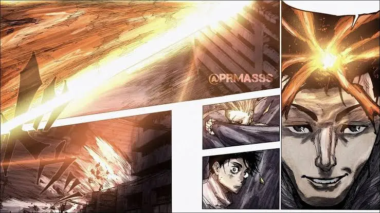A manga panel collage showing a massive glowing sword slash, a character being hit by the attack, and a close-up of a…