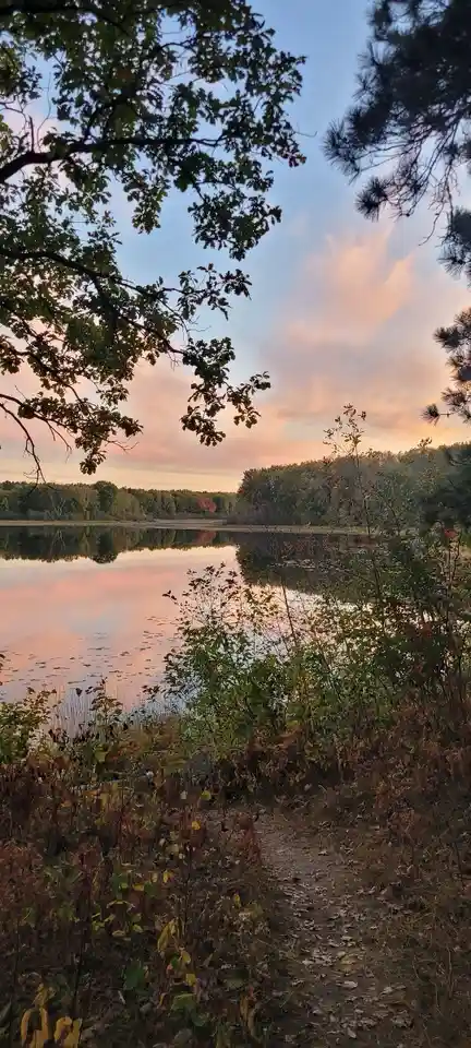 A serene landscape photo of a forest lake at sunset, with trees framing the view and a path leading toward the water…